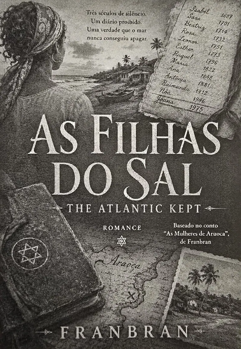 Capa de As Filhas do Sal, romance de Franbran, em preto e branco: mulher de lenço na cabeça olhando a praia, diário com a estrela de seis pontas e lista de nomes de mulheres